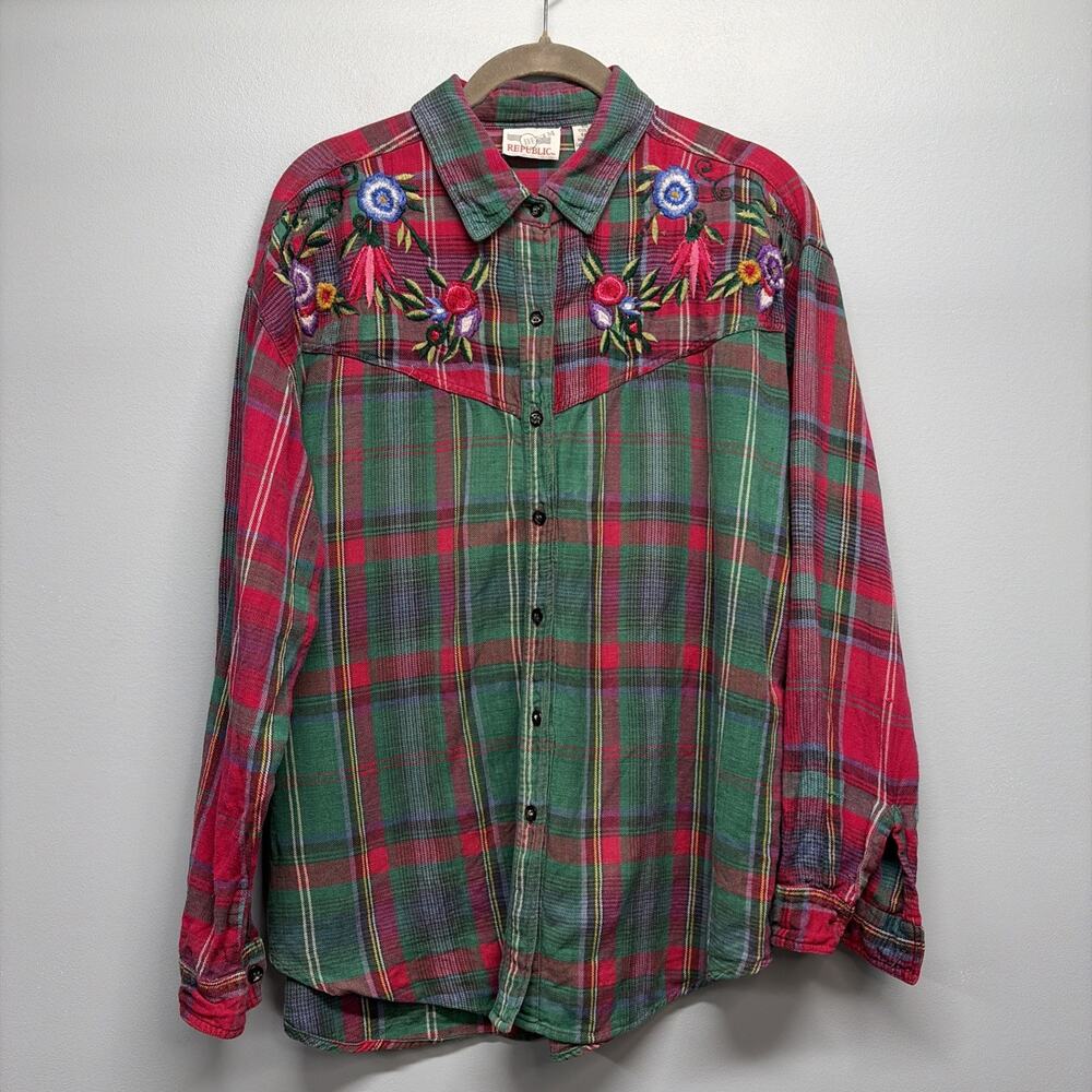 Denim Republic Vintage Women's Flannel Shirt Size M - Floral Embroidered - Y2K